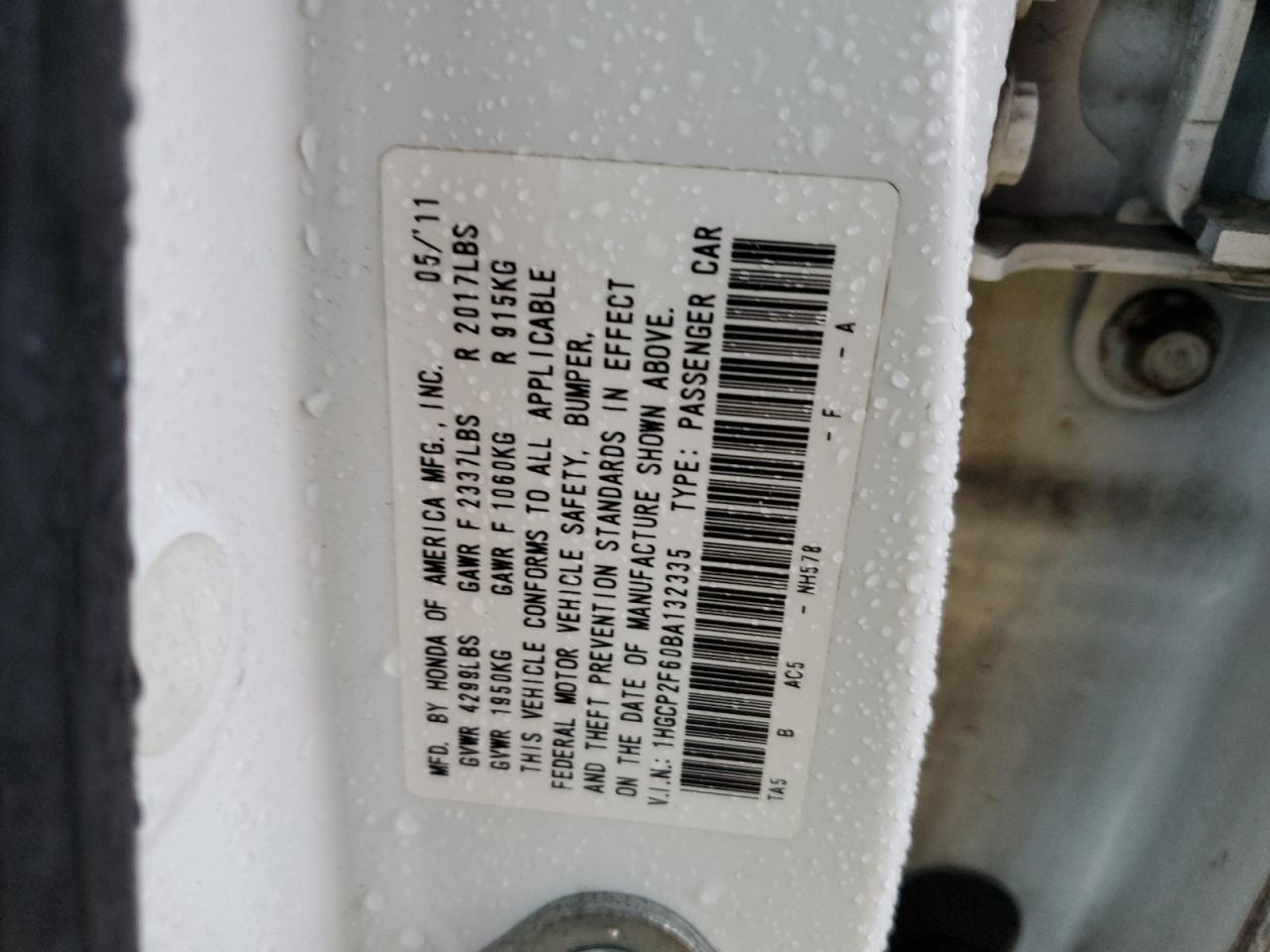 1HGCP2F60BA132335 2011 Honda Accord Se