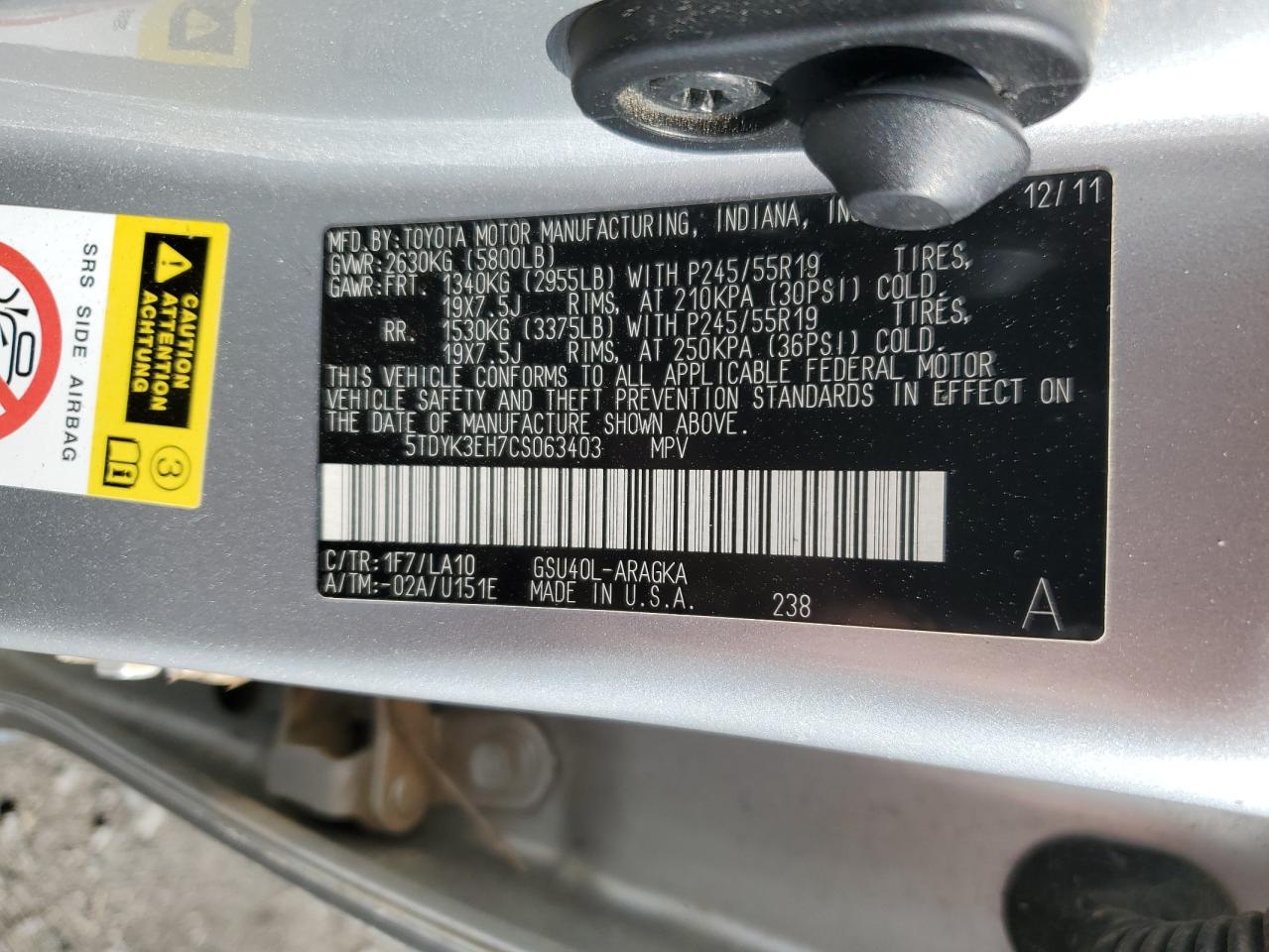 5TDYK3EH7CS063403 2012 Toyota Highlander Limited