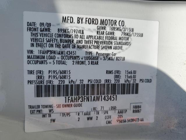 2010 Ford Focus Se VIN: 1FAHP3FN1AW143451 Lot: 55172634