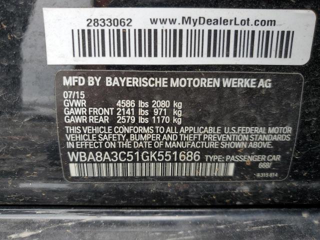 2016 BMW 320 Xi VIN: WBA8A3C51GK551686 Lot: 54678684