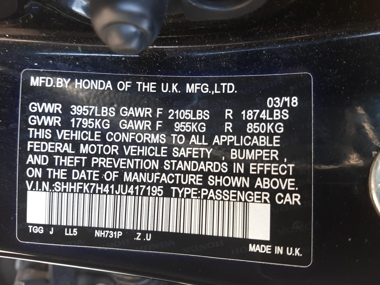 SHHFK7H41JU417195 2018 Honda Civic Sport