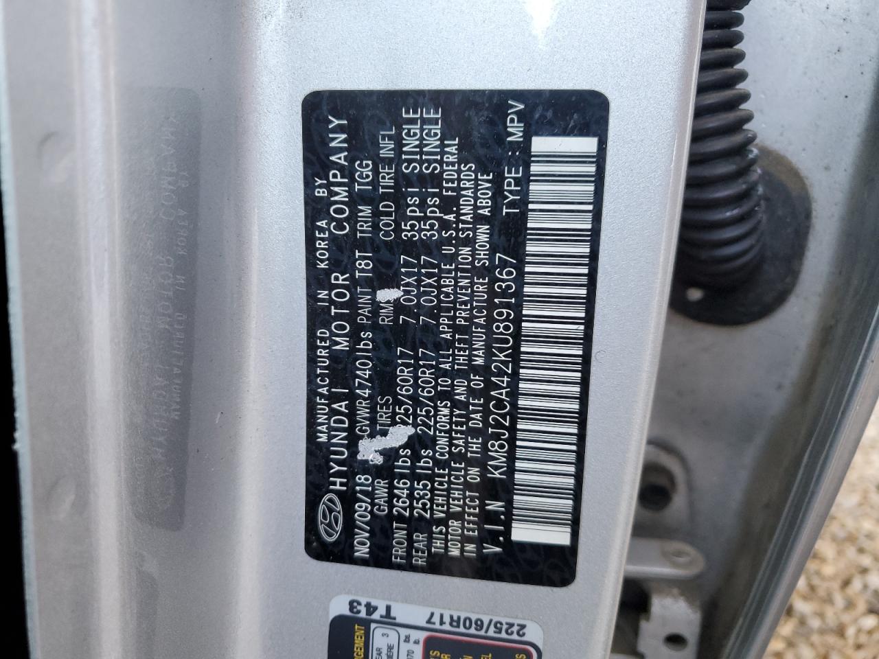 KM8J2CA42KU891367 2019 Hyundai Tucson Se