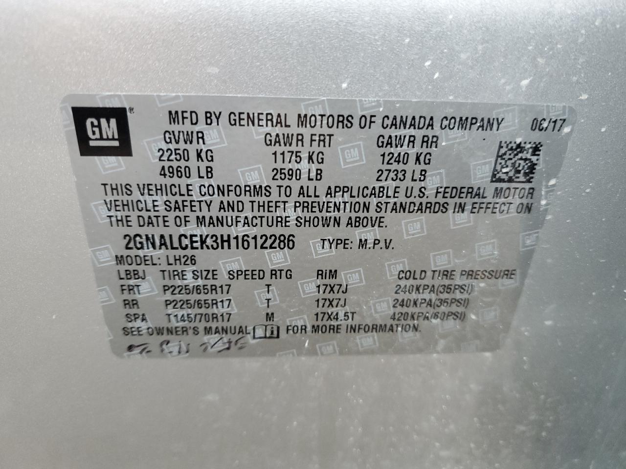 2GNALCEK3H1612286 2017 Chevrolet Equinox Lt