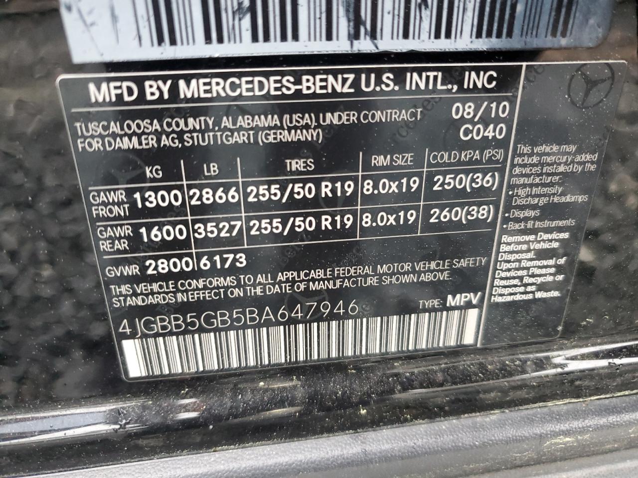 4JGBB5GB5BA647946 2011 Mercedes-Benz Ml 350