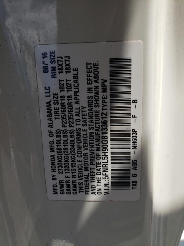 5FNRL5H90GB133612 2016 Honda Odyssey Touring