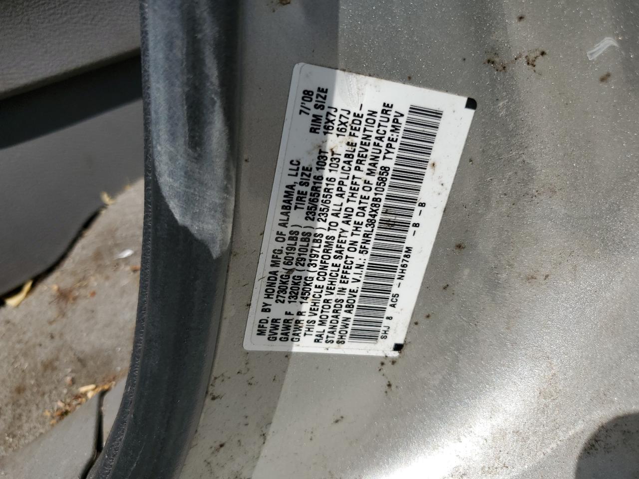 5FNRL384X8B105858 2008 Honda Odyssey Ex