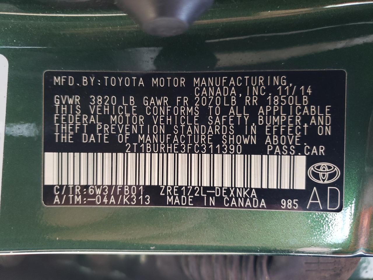 2T1BURHE3FC311390 2015 Toyota Corolla L