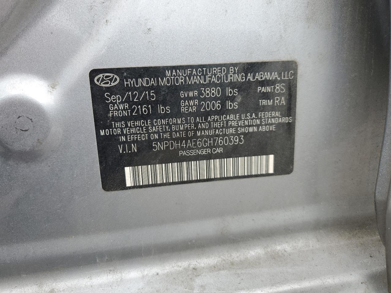 5NPDH4AE6GH760393 2016 Hyundai Elantra Se