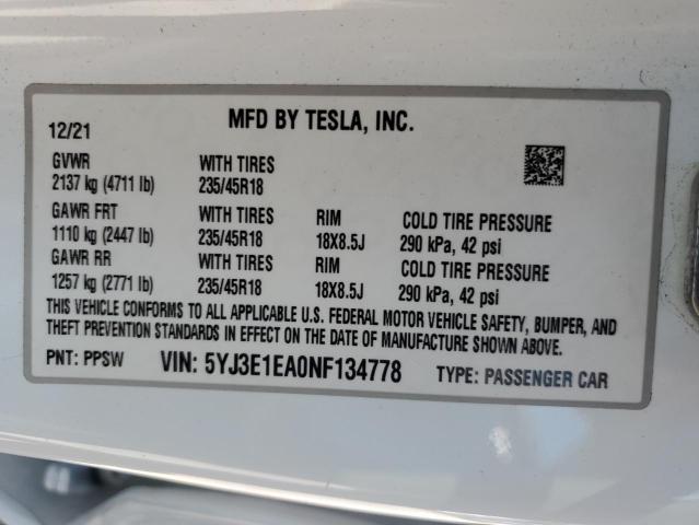 2022 Tesla Model 3 VIN: 5YJ3E1EA0NF134778 Lot: 54529124