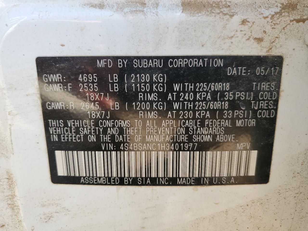 4S4BSANC1H3401977 2017 Subaru Outback 2.5I Limited