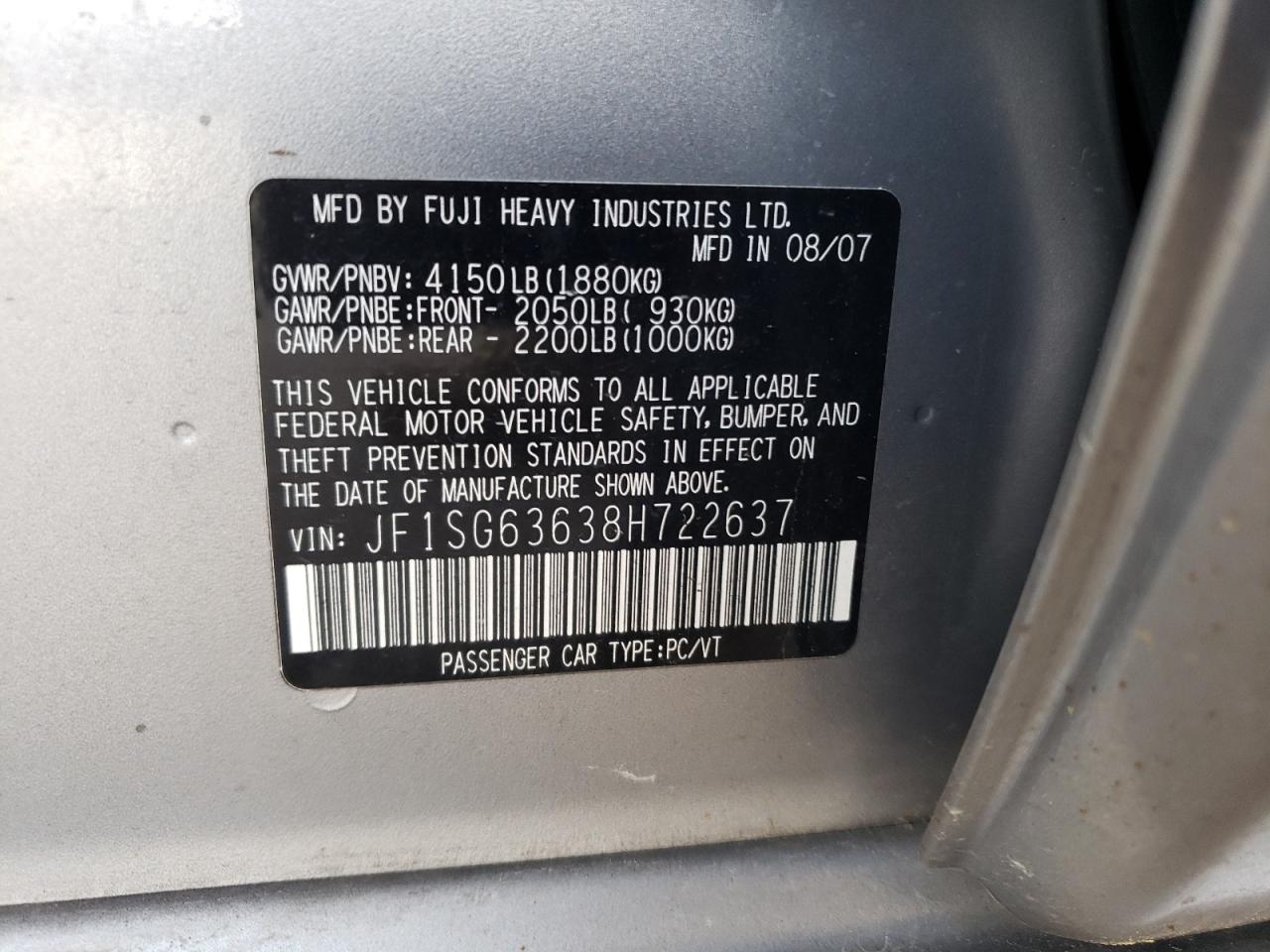 JF1SG63638H722637 2008 Subaru Forester 2.5X