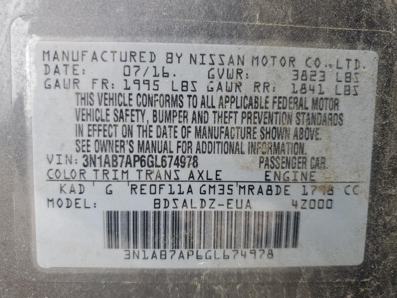 3N1AB7AP6GL674978 2016 Nissan Sentra S