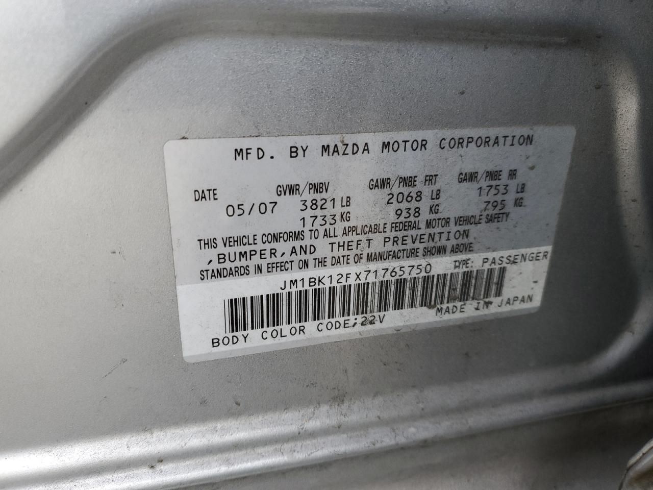 JM1BK12FX71765750 2007 Mazda 3 I