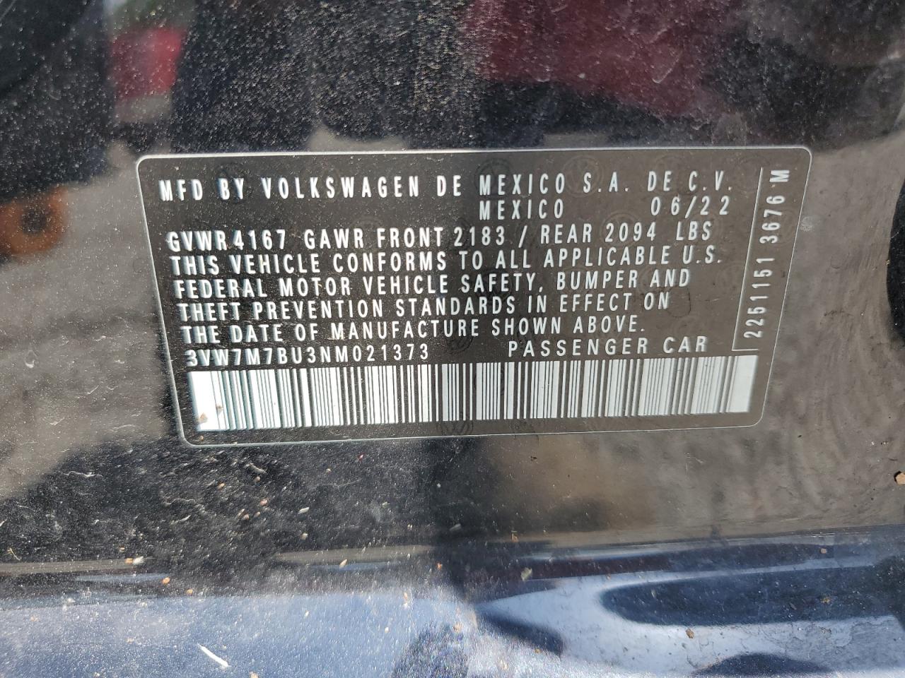 3VW7M7BU3NM021373 2022 Volkswagen Jetta Se