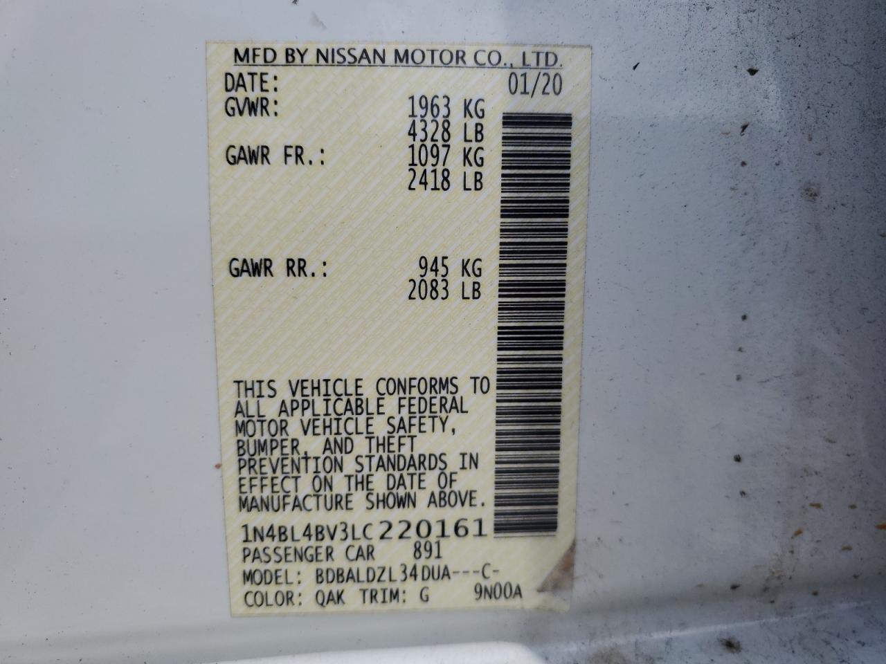 1N4BL4BV3LC220161 2020 Nissan Altima S