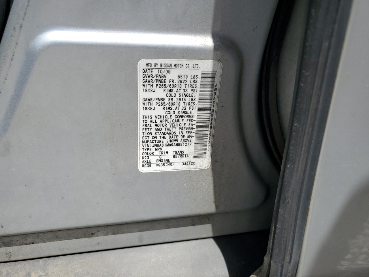 JN8AS1MW9AM851277 2010 Infiniti Fx35