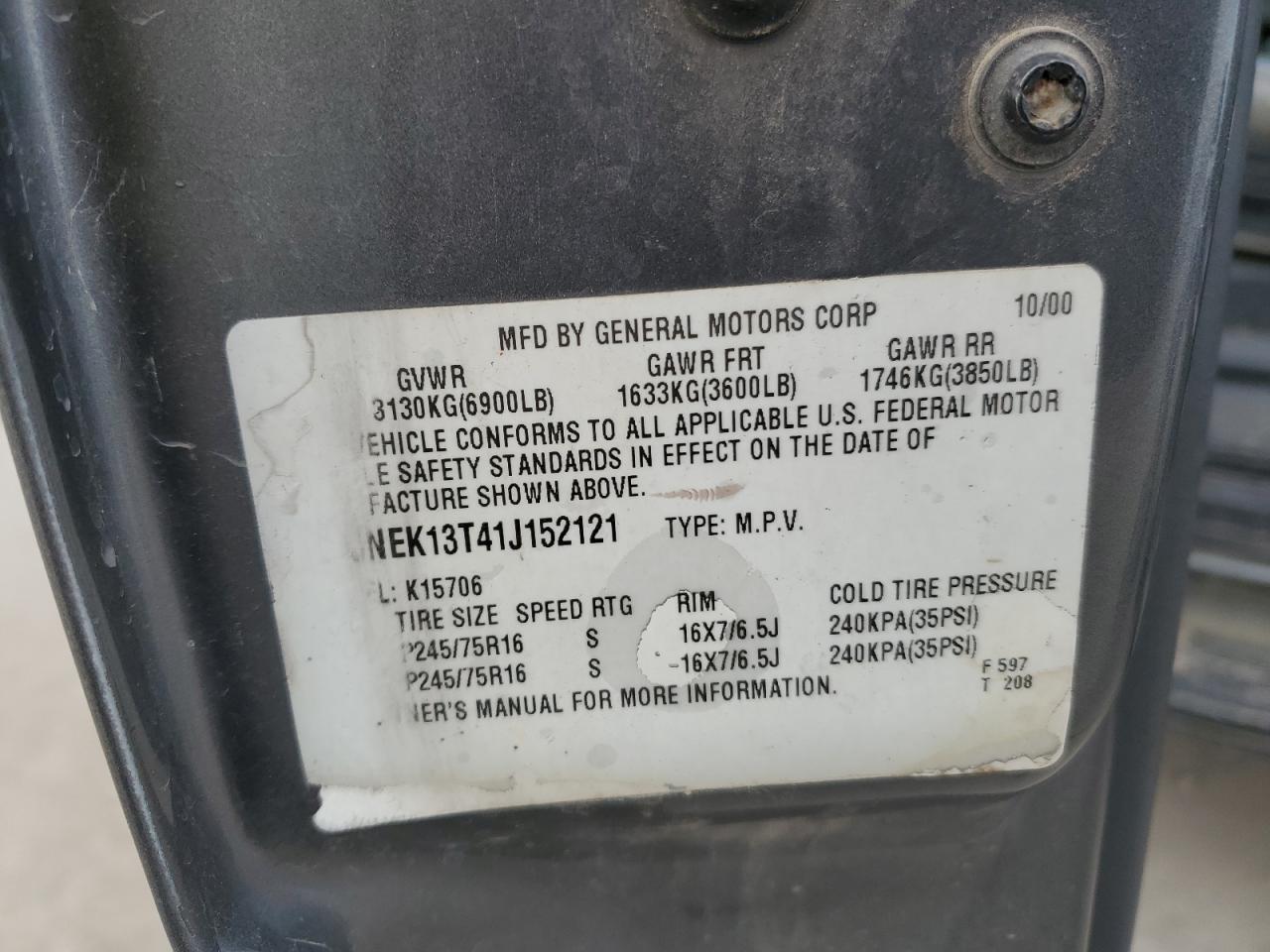 1GNEK13T41J152121 2001 Chevrolet Tahoe K1500