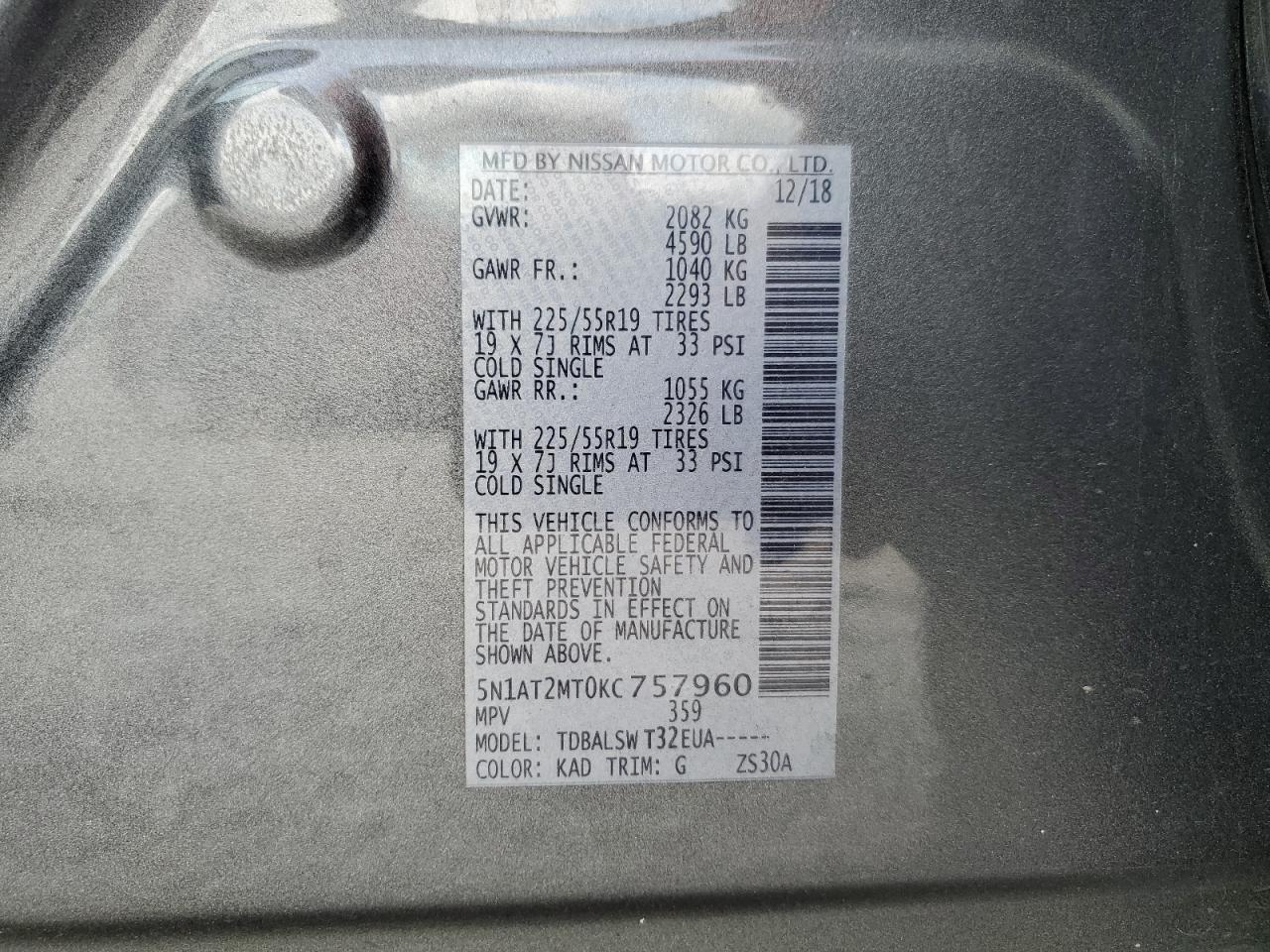 5N1AT2MT0KC757960 2019 Nissan Rogue S