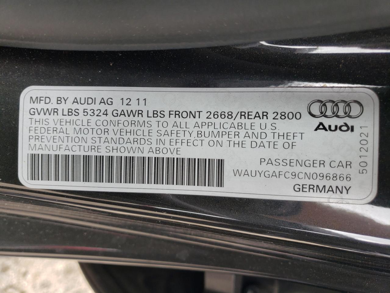 WAUYGAFC9CN096866 2012 Audi A7 Premium Plus