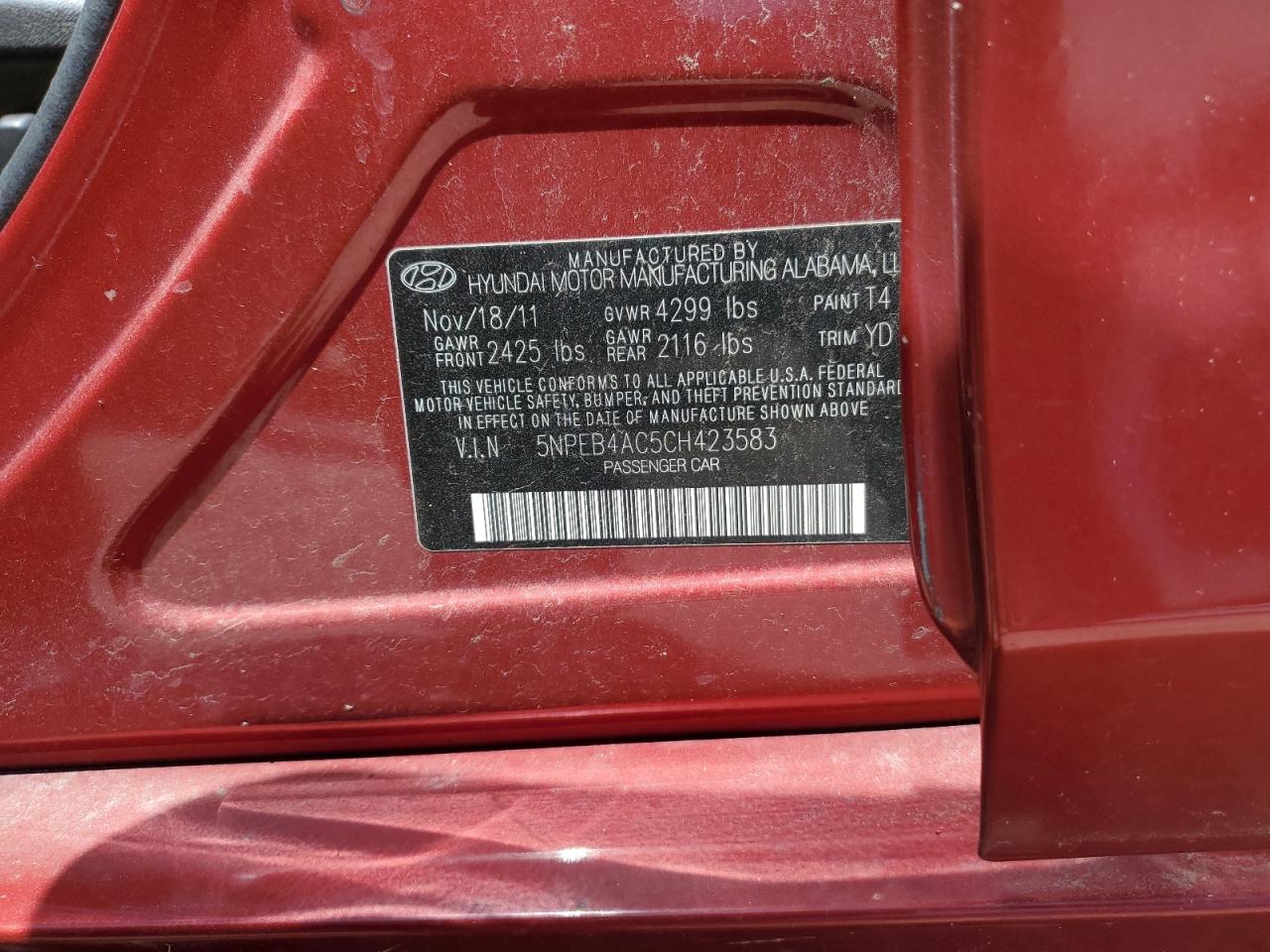 5NPEB4AC5CH423583 2012 Hyundai Sonata Gls