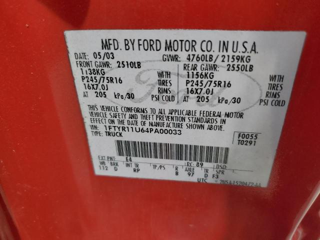 2004 Ford Ranger VIN: 1FTYR11U64PA00033 Lot: 56561064