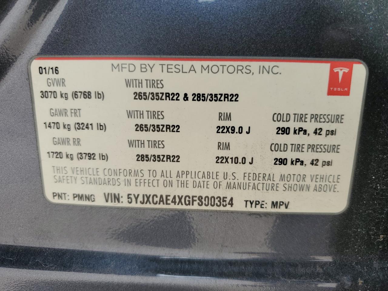 5YJXCAE4XGFS00354 2016 Tesla Model X