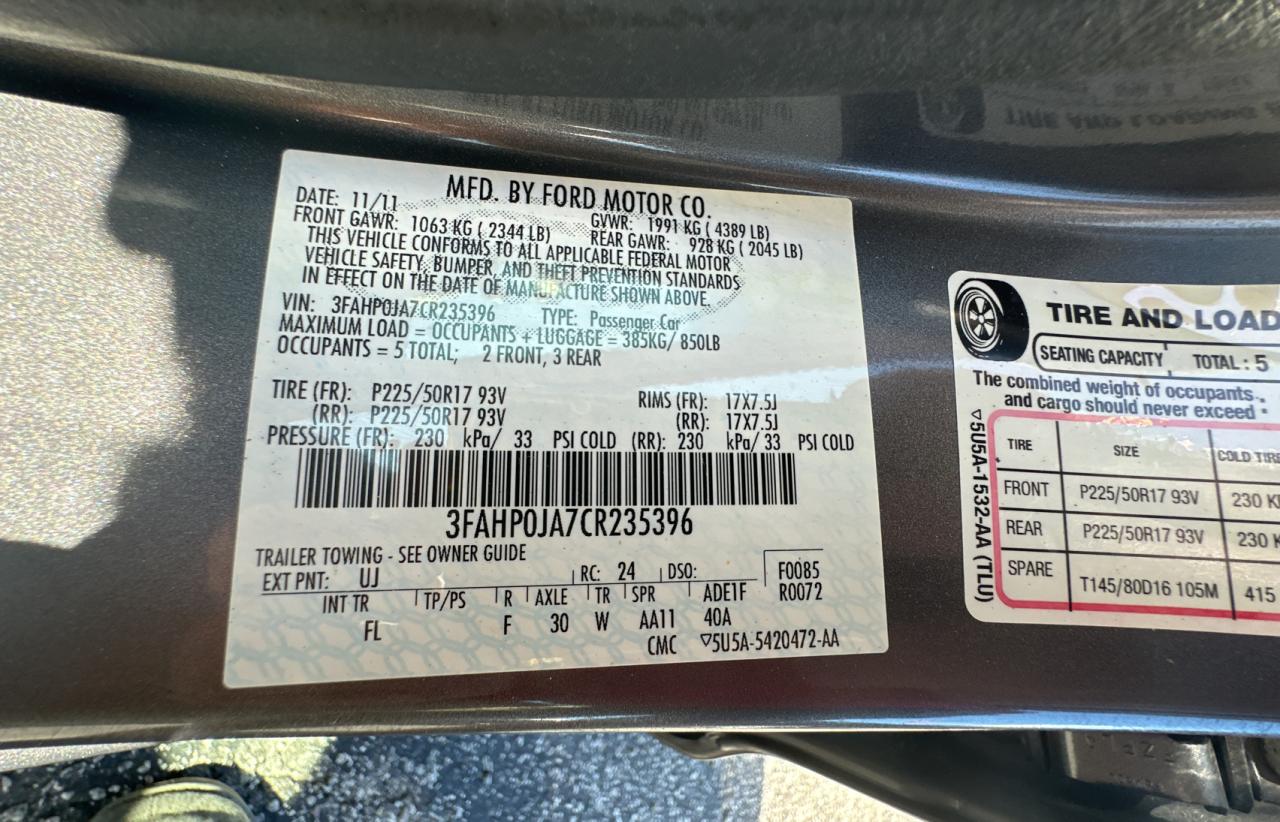 3FAHP0JA7CR235396 2012 Ford Fusion Sel