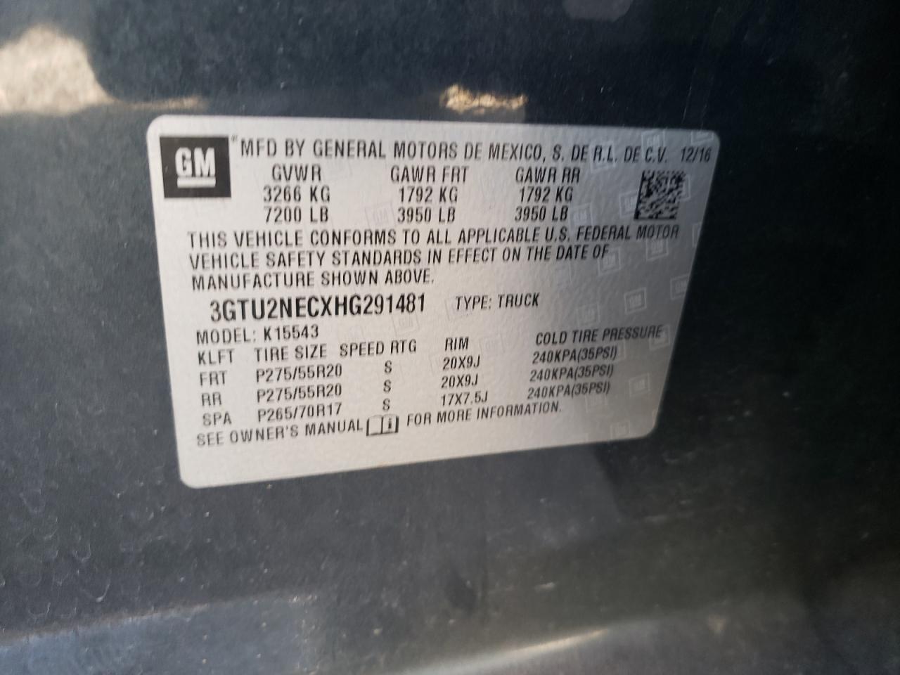 3GTU2NECXHG291481 2017 GMC Sierra K1500 Slt