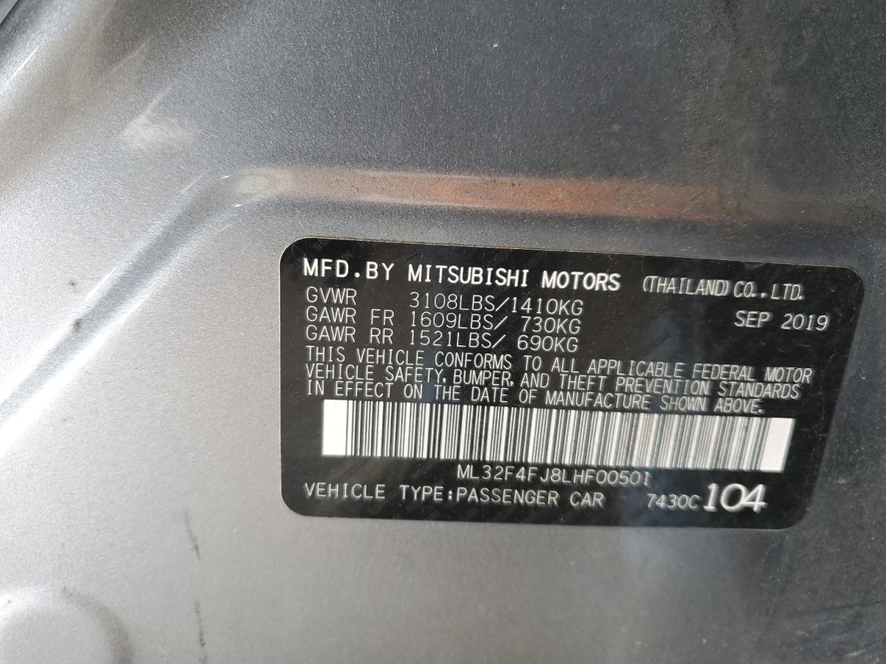 ML32F4FJ8LHF00501 2020 Mitsubishi Mirage G4 Se