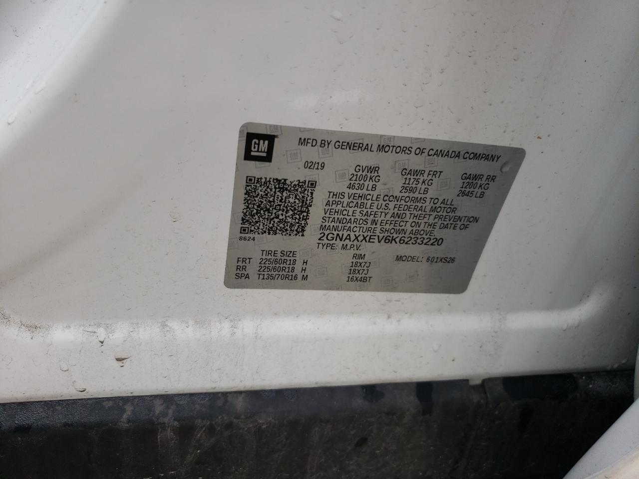 2GNAXXEV6K6233220 2019 Chevrolet Equinox Premier