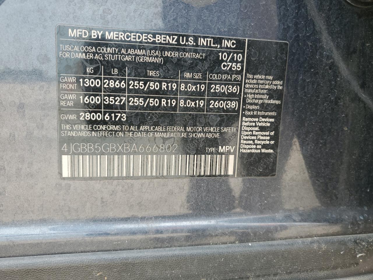 4JGBB5GBXBA666802 2011 Mercedes-Benz Ml 350