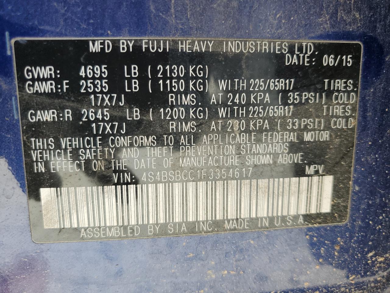 4S4BSBCC1F3354617 2015 Subaru Outback 2.5I Premium