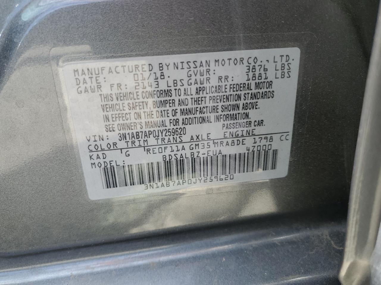 3N1AB7AP0JY259620 2018 Nissan Sentra S