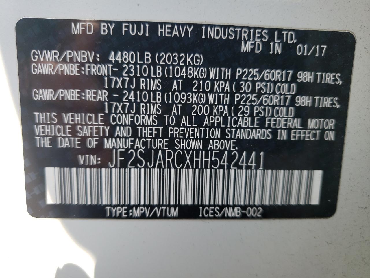 JF2SJARCXHH542441 2017 Subaru Forester 2.5I Limited