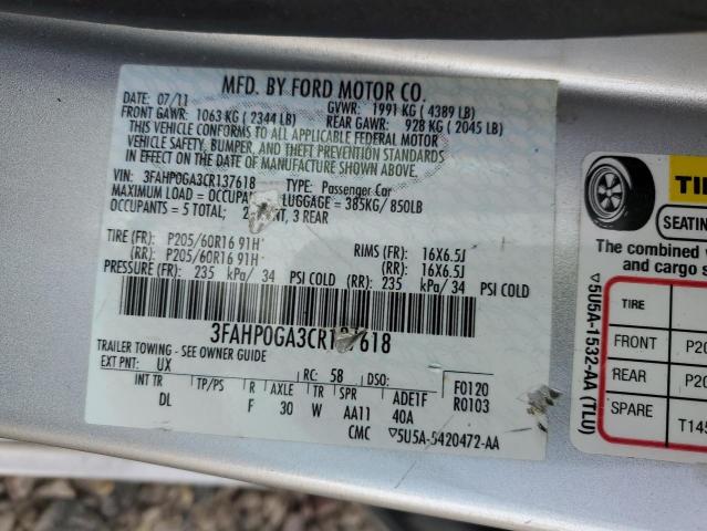 2012 Ford Fusion S VIN: 3FAHP0GA3CR137618 Lot: 53458574