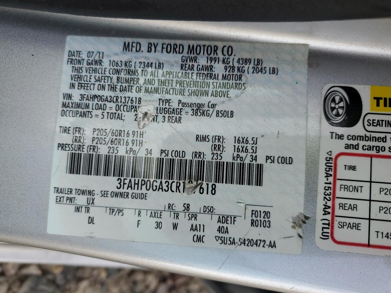 3FAHP0GA3CR137618 2012 Ford Fusion S
