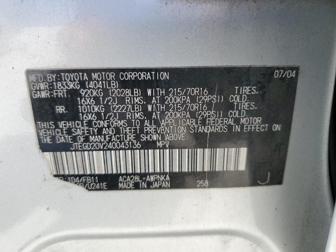 JTEGD20V240043136 2004 Toyota Rav4