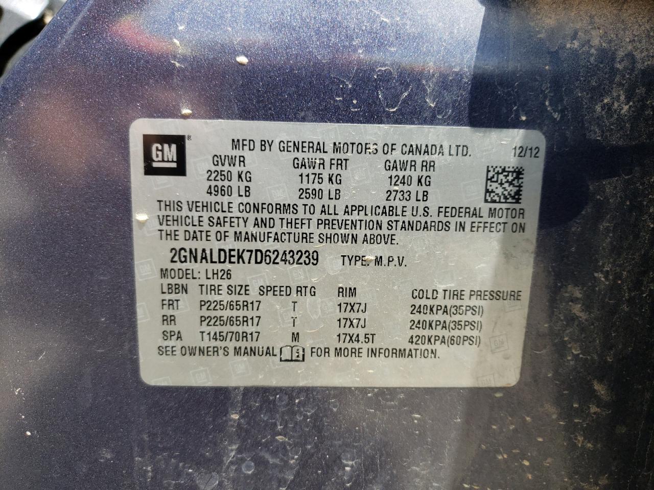 2GNALDEK7D6243239 2013 Chevrolet Equinox Lt