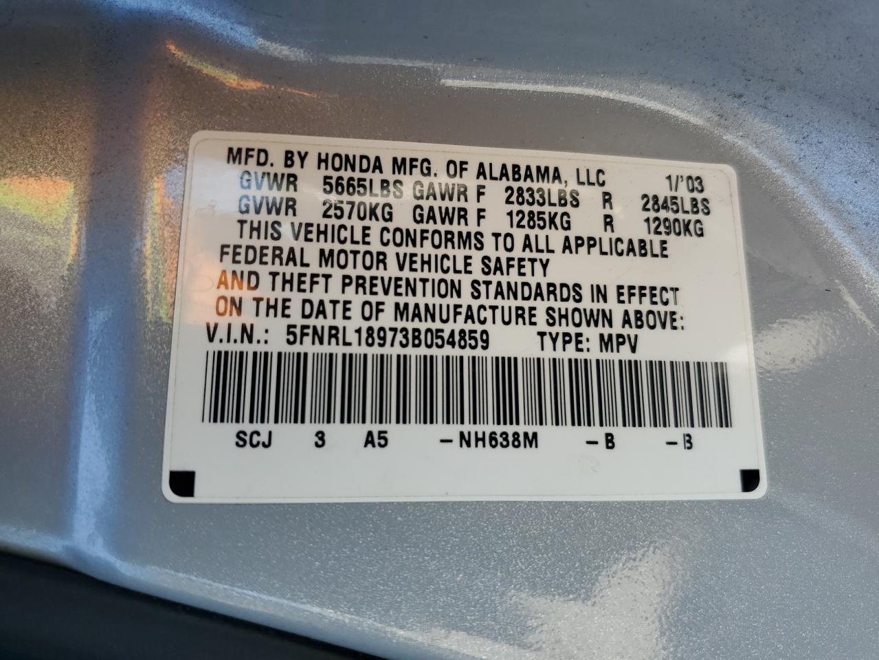 5FNRL18973B054859 2003 Honda Odyssey Exl