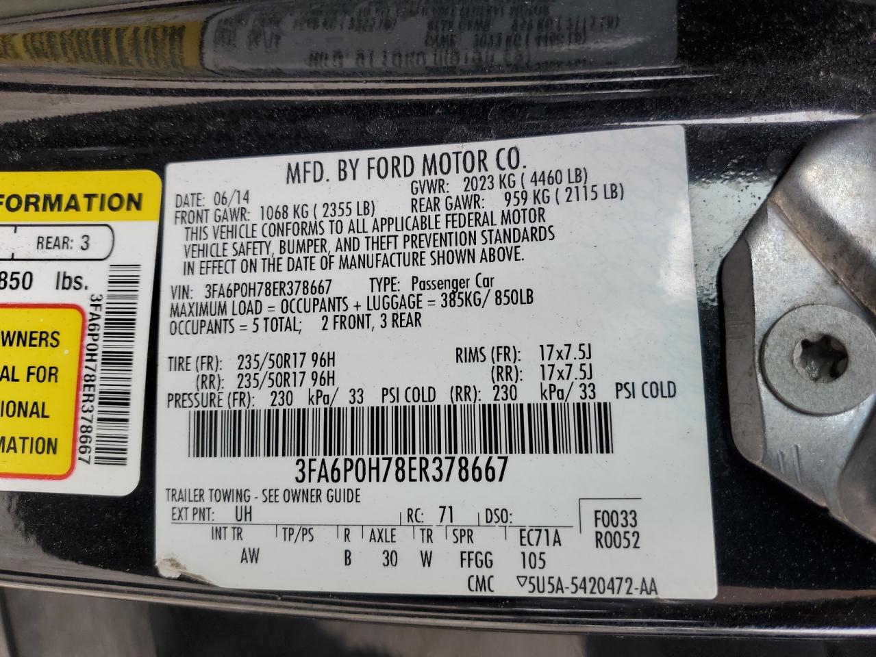 3FA6P0H78ER378667 2014 Ford Fusion Se