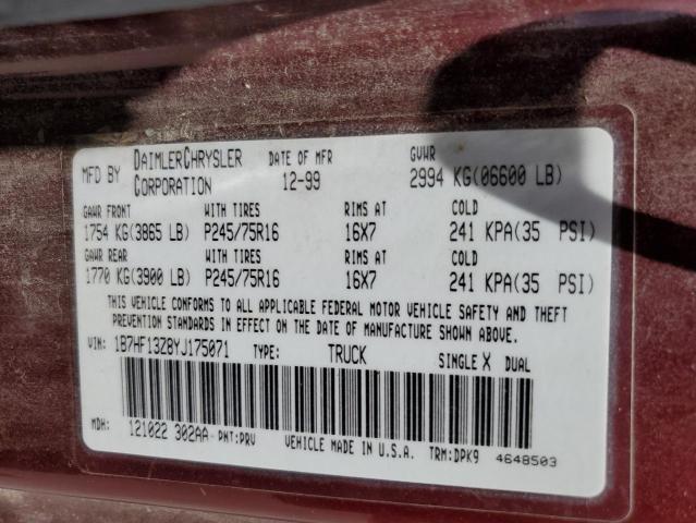 2000 Dodge Ram 1500 VIN: 1B7HF13Z8YJ175071 Lot: 56936424