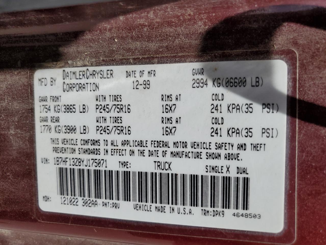 1B7HF13Z8YJ175071 2000 Dodge Ram 1500