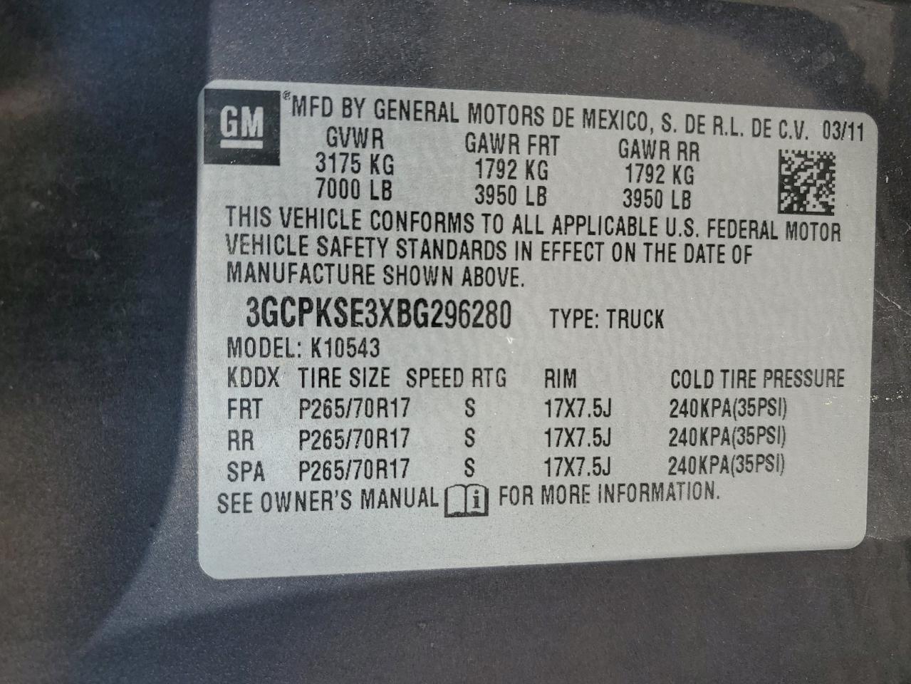 3GCPKSE3XBG296280 2011 Chevrolet Silverado K1500 Lt