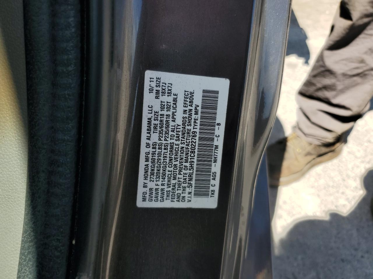 5FNRL5H91CB022769 2012 Honda Odyssey Touring