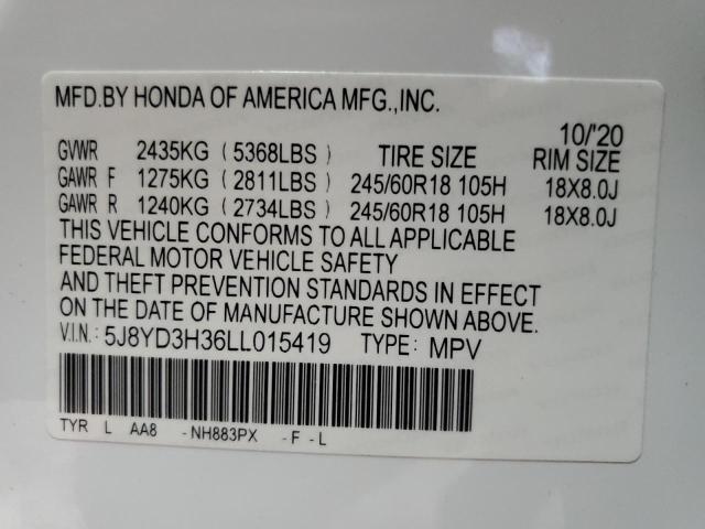 2020 Acura Mdx VIN: 5J8YD3H36LL015419 Lot: 54078534