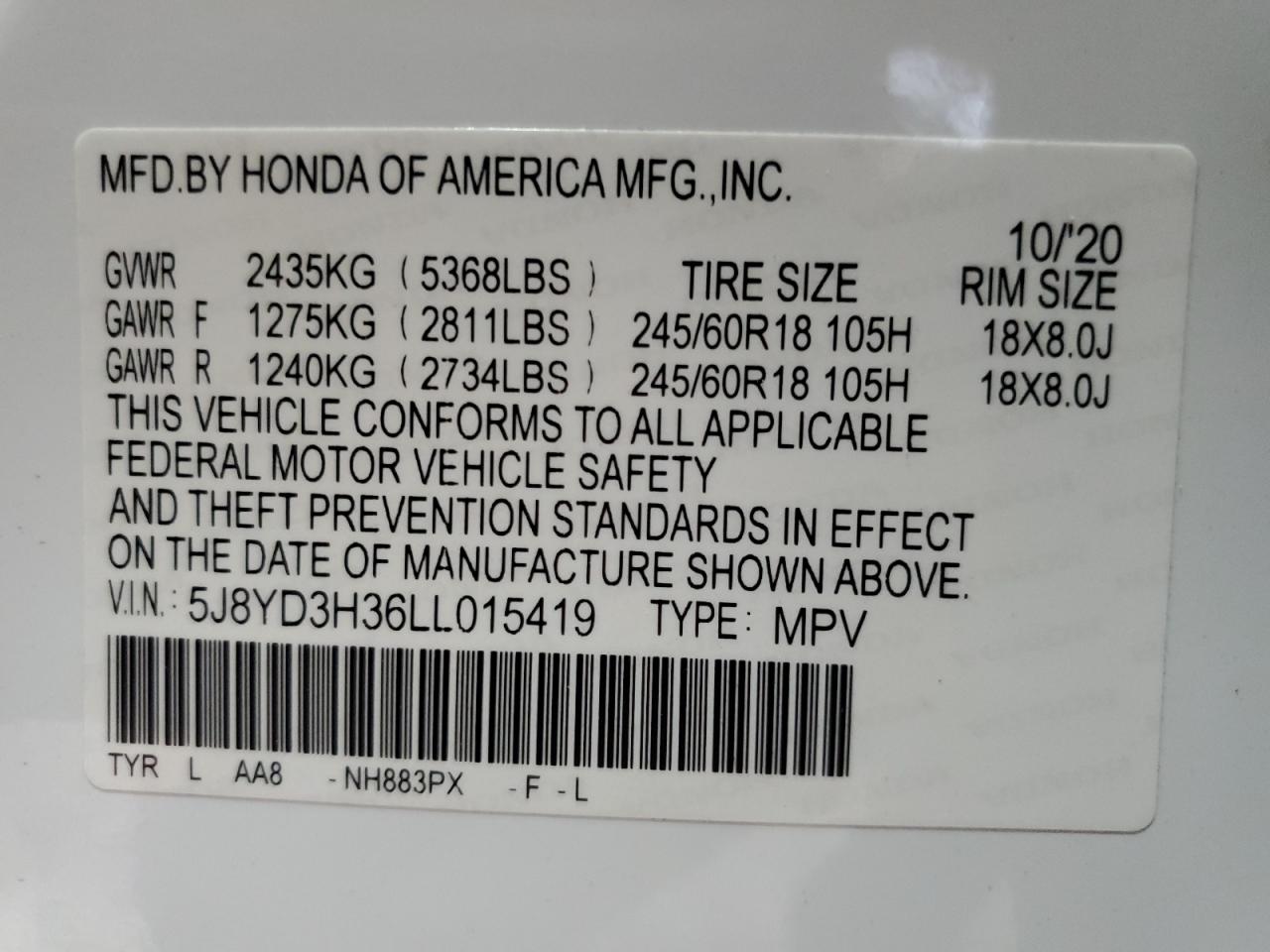 5J8YD3H36LL015419 2020 Acura Mdx