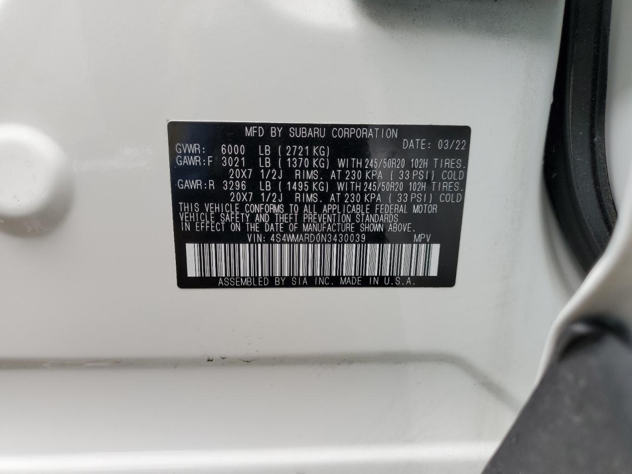 4S4WMARD0N3430039 2022 Subaru Ascent Touring