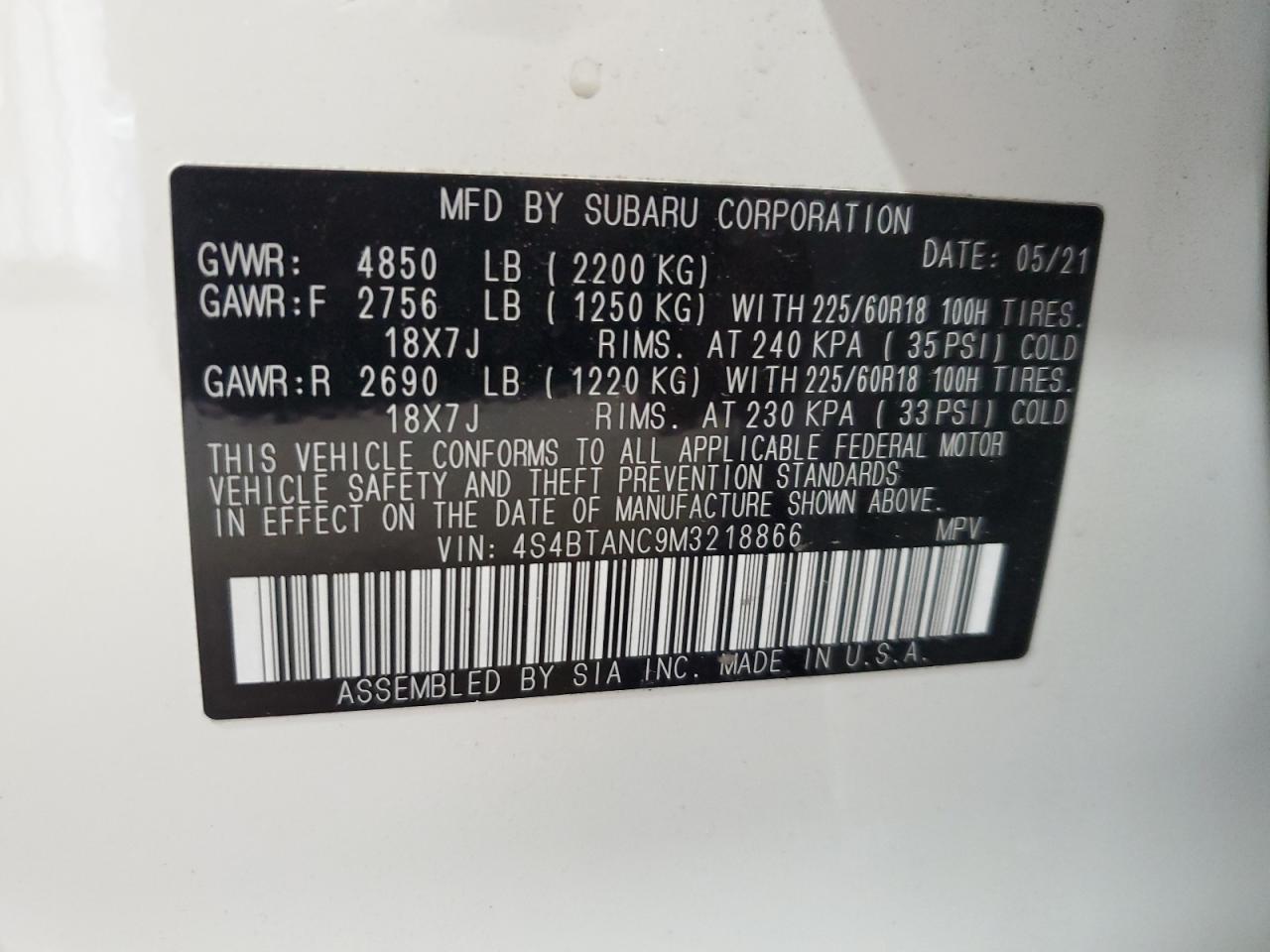 4S4BTANC9M3218866 2021 Subaru Outback Limited