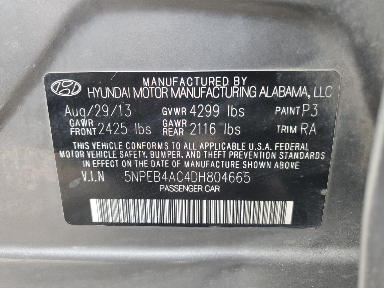 5NPEB4AC4DH804665 2013 Hyundai Sonata Gls