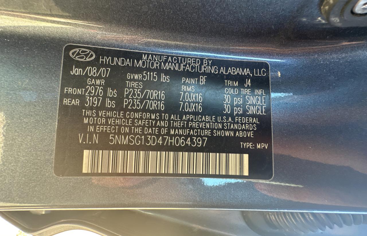 5NMSG13D47H064397 2007 Hyundai Santa Fe Gls